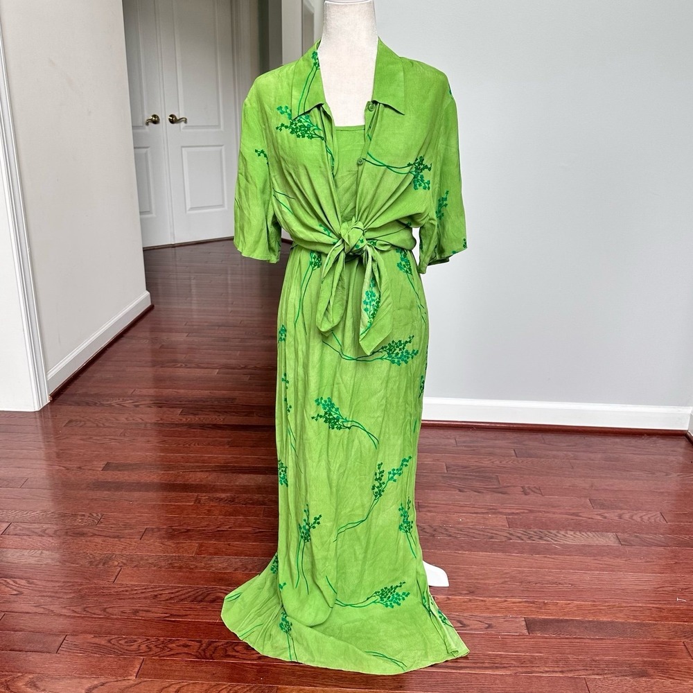 Vintage St. Tropaz Green Hue Tropical Floral 2 Piece Dress & Skirt Matching Set
